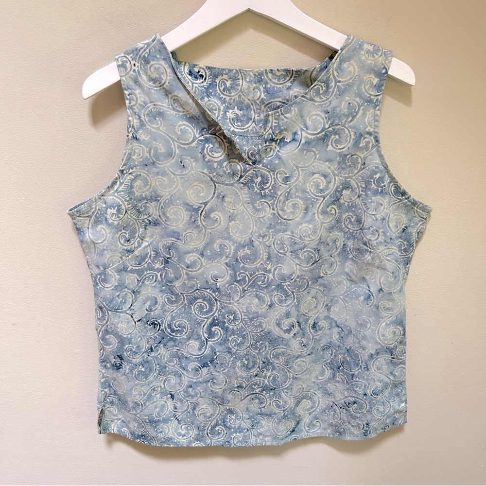 Wild Iris~Watercolor Hand Crafted Sleeveless Artsy Blue Scrolls Cotton Large Top